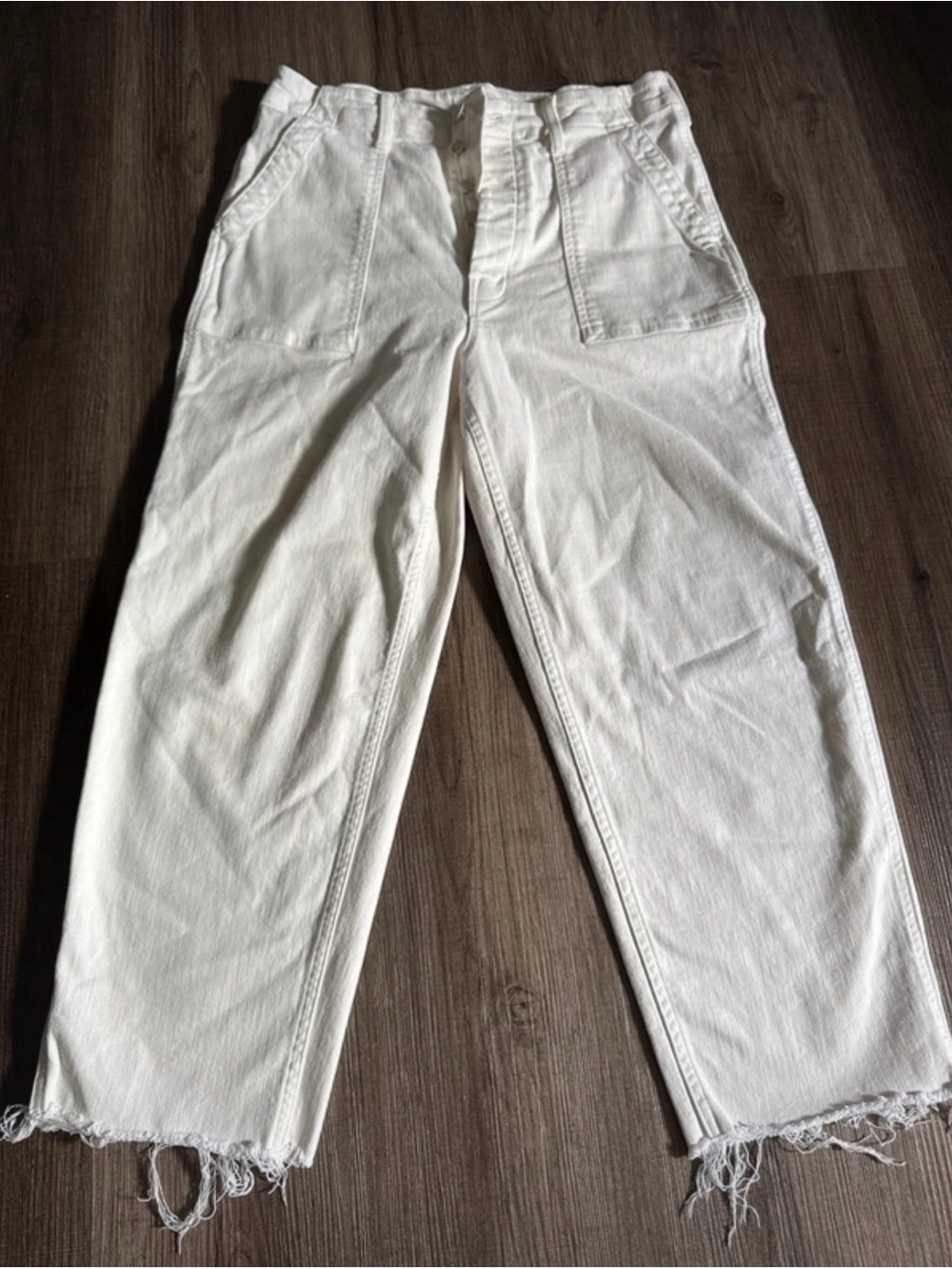 MOTHER White Frayed-Hem Straight-Leg Cotton Chinos